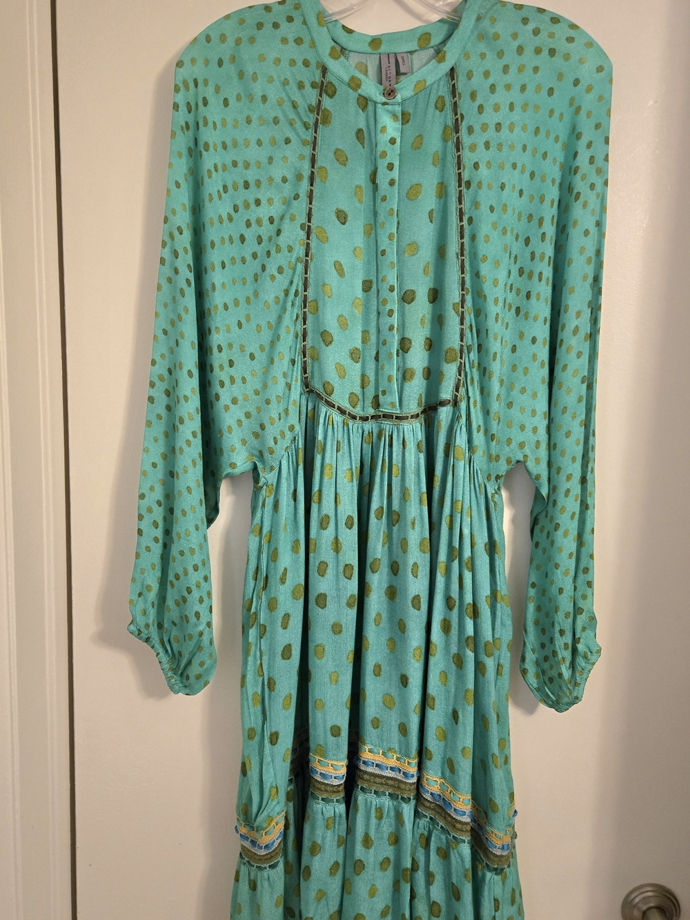 Anthropologie Bl^nk London Green With Gold Polka Dot Boho Dress - Picture 2 of 11